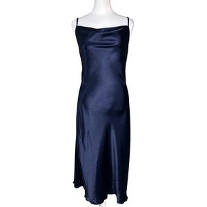 Vintage BEBE Slip Dress Navy Blue Drape Neck Satin Midi Dress 90s Y2K